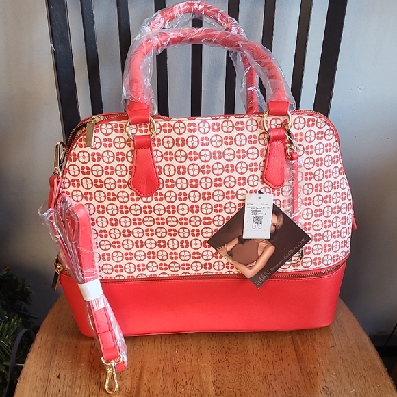 NEW Iman red/white 15" domed stacked purse Global Chic logo print satchel - Picture 1 of 7